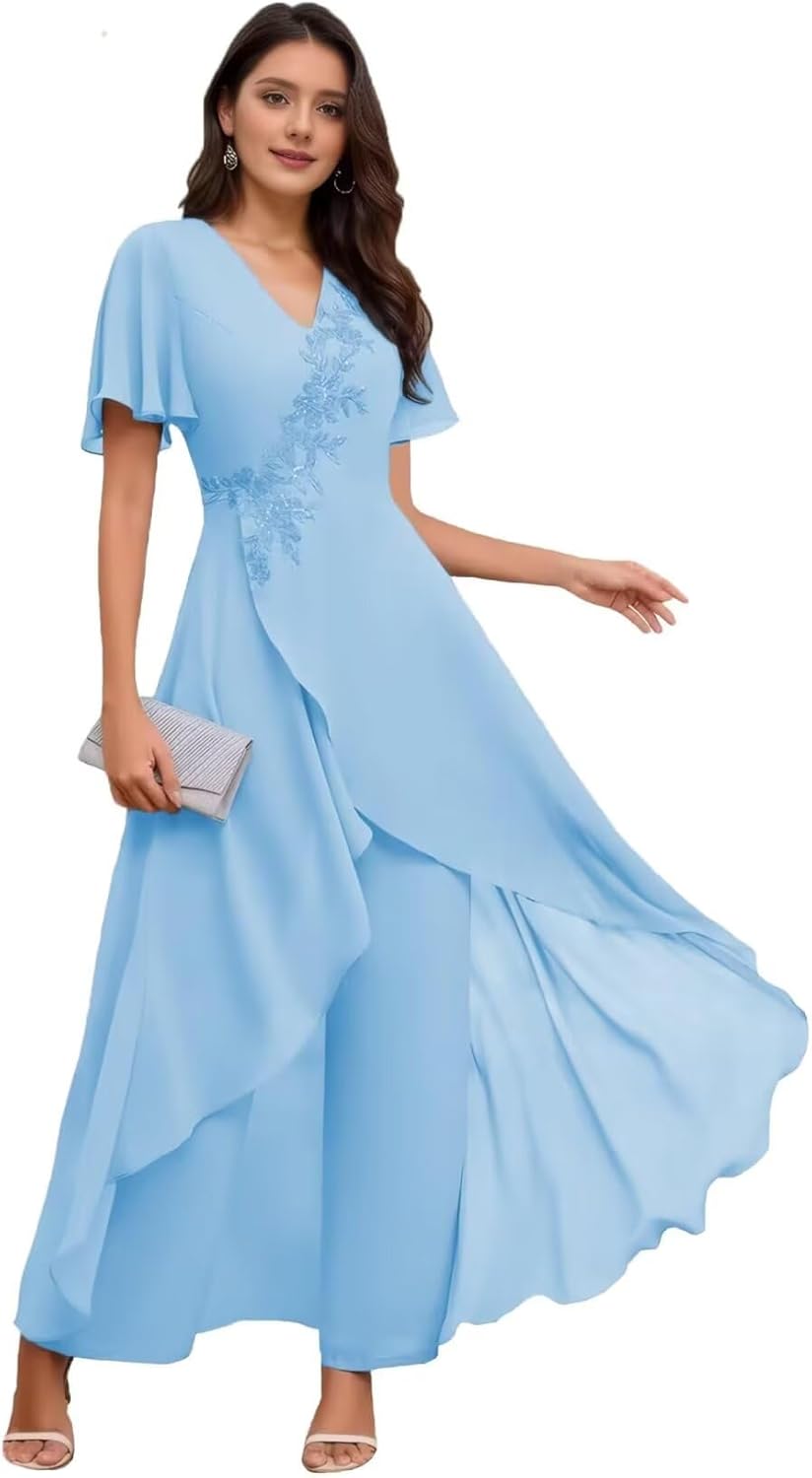 2 Pieces Chiffon Mother of The Bride Pant Suits for Women Dressy V Neck Lace Applique Wedding Gust Outfits DP055 - Image 6