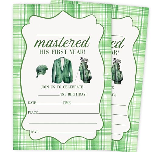 Sdlsetw Mastered His First Year Golf Birthday Party Invitations For Boys, Golf 1St Birthday Invitations, 20 Double-Sided Invite Cards With Envelopes, Golfs Theme Party Decorations, 4X6 Inch-C17