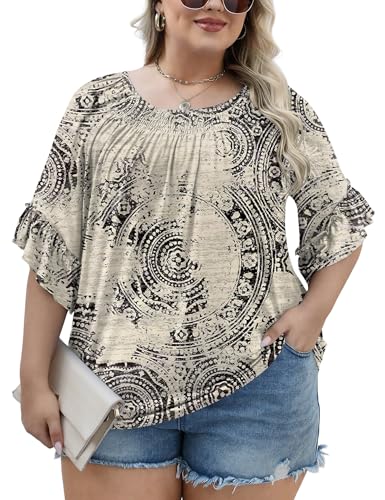 Image of Micoson Womens Plus Size Tops 3 /4 Ruffle Sleeve Crewneck Pleated Shirts
