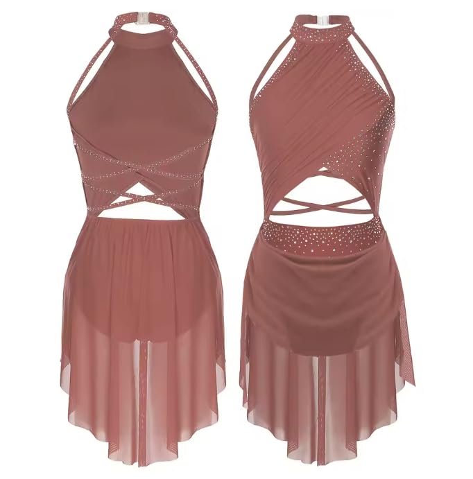 Disfraz de ballet para mujer, vestido de leotardo con tirantes y espalda descubierta, malla transparente