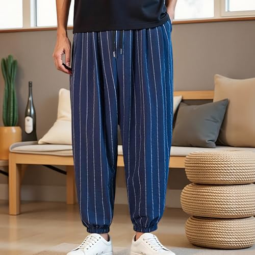 Pantalon large rayé en lin homme coupe ample haute qualité - 3