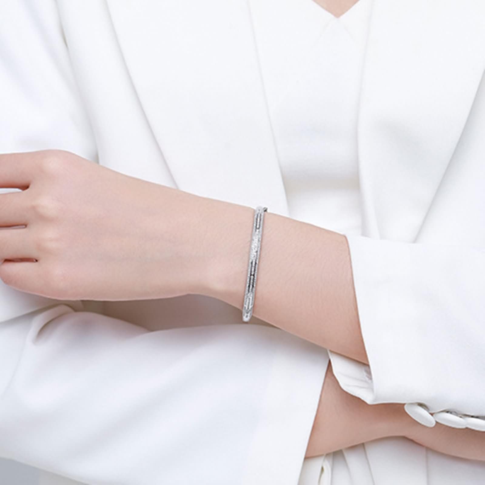 Brazalete de Oro Blanco Mujer 9Kilates / 14Kilates / 18Kilates, Redondo con Moissanita, Cadena 16 CM, Pulseras Mujer Cadena Plata
