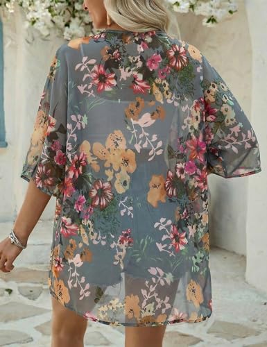 Chunoy Women Casual Summer Chiffon Kimono Cardigan Short Sleeve Beach Wear Cover Up Open Blouse Top Grey Small