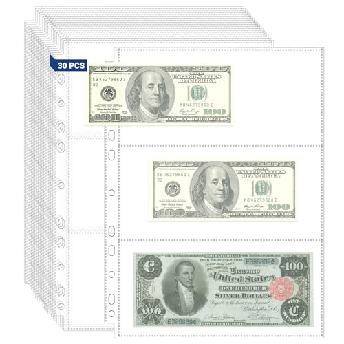 Image of 180 Pockets Acid Free Currency Sleeves, 30 Pack Dollar Bill Sleeves for Collecting Cash, Banknotes or Coupons, Fit for 3 Ring Binder Currency Album, Non Stick and Non Glare