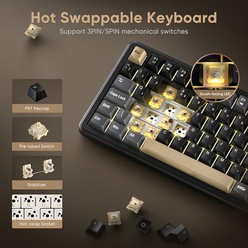 RedThunder K75 75% Wireless Mechanical Gaming Keyboard,Creamy Gasket-Mounted,Volume Knob,UK Layout 81 Keys,2.4G/BT/USB-C,RGB Underglow Lighting,Hot swappable Fast Apricot Switch for PC Mac（Black Gold） - Image 5