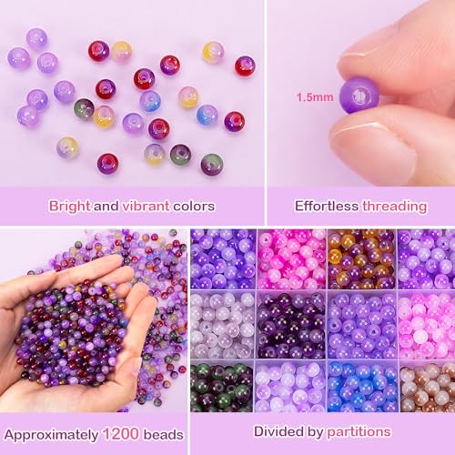 Image of XSEINO About 1200+ pcs 6mm Glass Beads Bracelet Making Kit, 24 Assorted Purple Bi-Color Fusion Series Crystal Beads for Jewelry Making, DIY Crafts, Friendship Bracelets