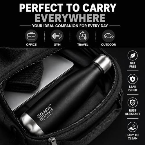 Image of Classic Essentials Insulated Double Wall Stainless Steel Water Bottle 500 ML | 12 Hours Hot & 24 Hours Cold | Vacuum Insulated, Leakproof Bottle for Home, Office, Gym & Travel (Black)