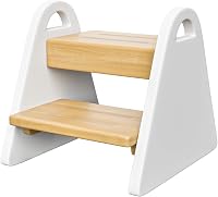 LittleOnesCollection Wooden Toddler Step Stool with Handles - 200lb Capacity, Safe Rounded Corners for Bathroom Sink, Kitchen & Potty Training (White)