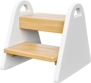 LittleOnesCollection Wooden Toddler Step Stool with Handles - 200lb Capacity, Safe Rounded Corners for Bathroom Sink, Kitchen & Potty Training (White)