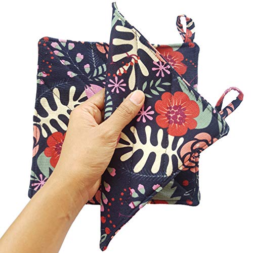 Cushystore Canvas Pot Holder Oven Pads Potholders Navy Blue For Cooking Kitchen 7.75", 2 Pack (Exotic Flower) #TOP2