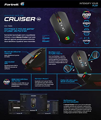 MOUSE GAMER CRUISER RGB 10000DPI PRETO Fortrek G