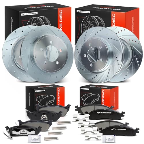 A-Premium Front and Rear Drilled and Slotted Disc Brake Rotors + Ceramic Pads Kit Compatible with Select Ford, Mercury Models - Explorer 2006-2010, Explorer Sport Trac, Mountaineer, 12-PC Set by A-Premium - Used condition - US$162.69