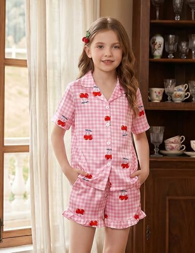 Image of Arshiner Girls Pajamas Silk Satin Pajama Set Button Pjs Ruffle Sleepwear | 2 Piece Nightwear, Silky Soft Lounge for Little & Big Kids, Ideal for Sleeping and Sleepover Party