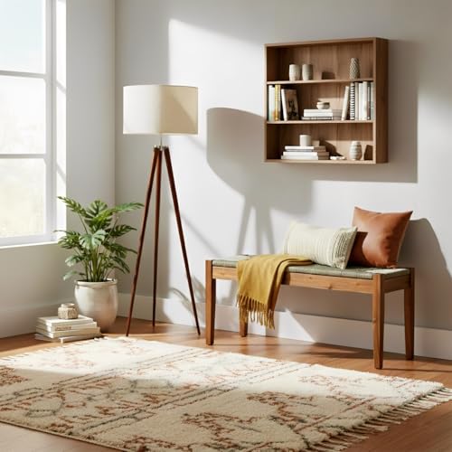 Image of Solid Wood Acacia Indoor Bench with Natural Woven Seat, 45 Inch Wood Bench for Living Room or Entryway, Bedroom End of Bed Bench or Dining Benches, Window Bench