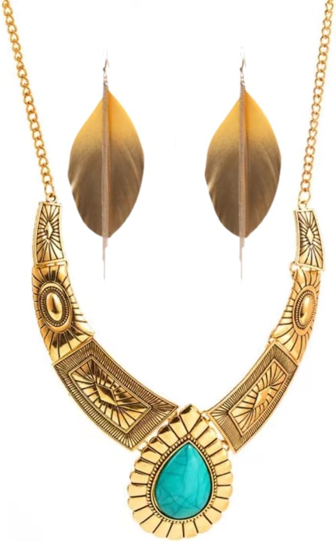 Cute Gold Colored Necklace and Earrings Set for Pocahontas Costumes, Princess Costumes, Cosplay, Aztec Themed Jewelry and More. Pocahontas Earrings and Necklace Set: Embrace the Spirit of Adventure