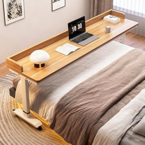 Height Adjustable Solid Wood Overbed Table with Wheels - Portable Rolling Desk for Bedroom, Living Room, Office - Versatile Steel Frame Design