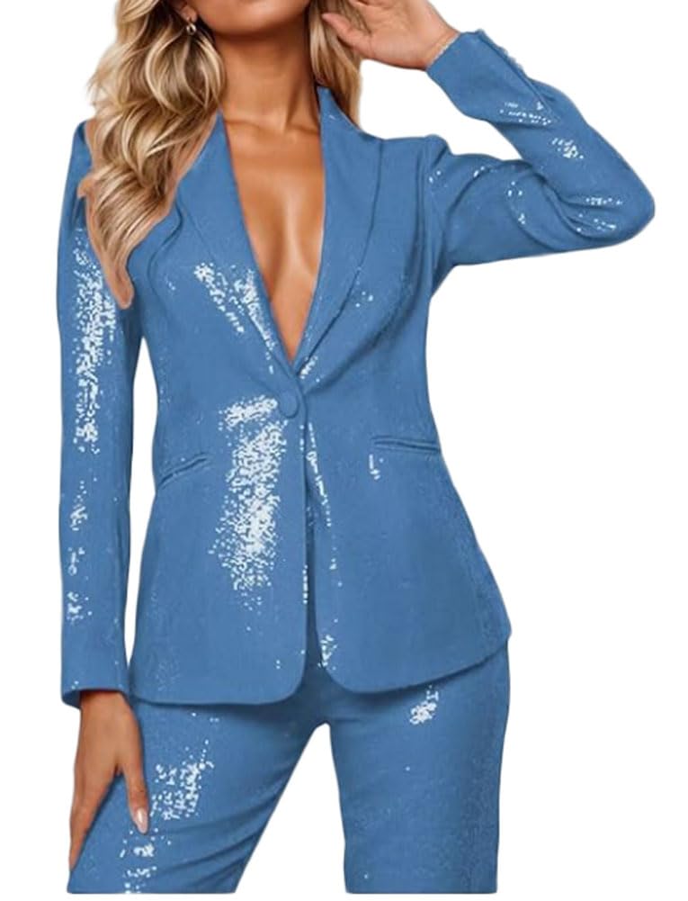 2 PC Women Sequined Blazer Pants Set One Button Prom Party Suit Peak Lapel Business Office Outfits