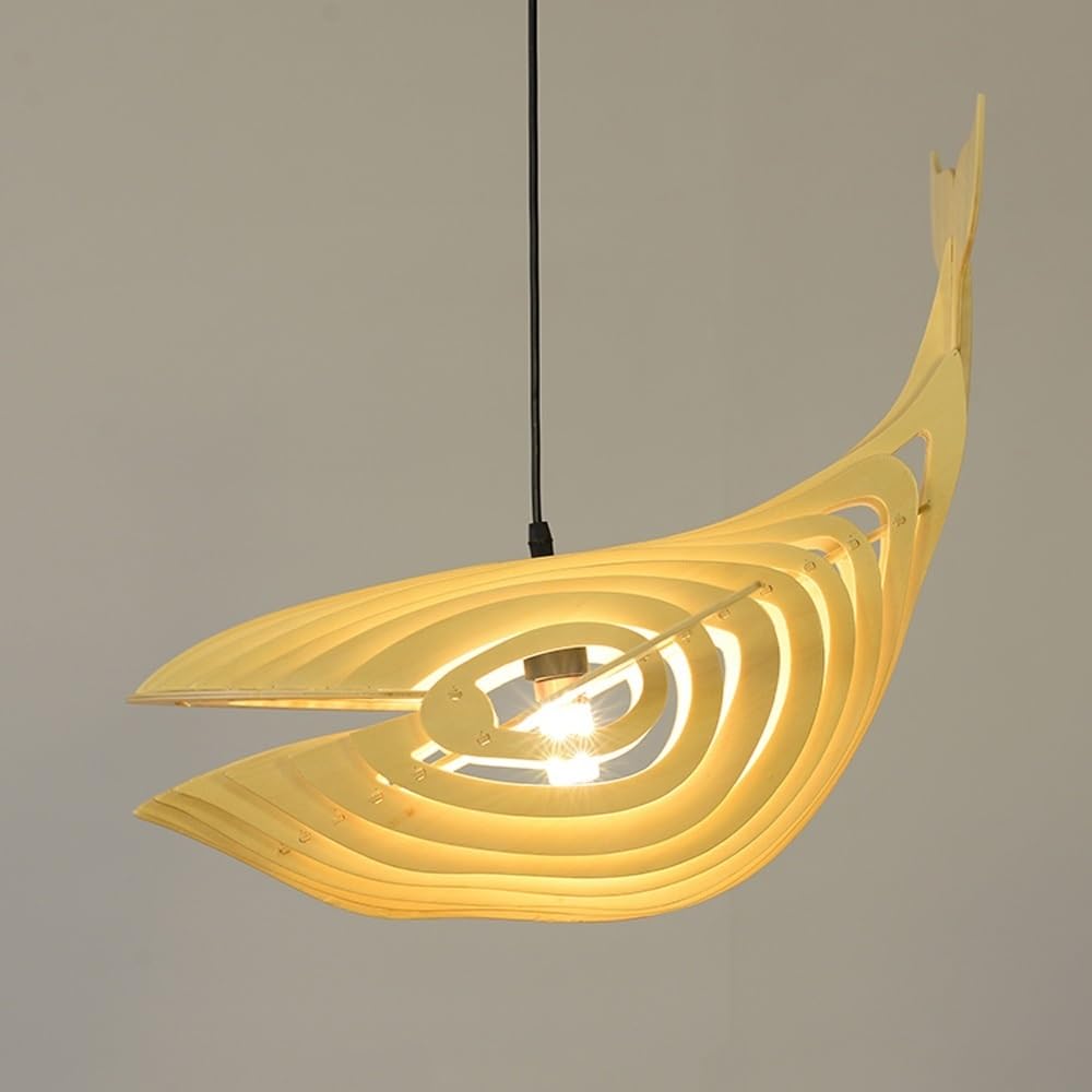 BLOOHK Modern Whale Wood Pendant Light, Creative Fish Shape Hanging Lamp, Nordic Wooden Chandelier for Room, Bedroom, Coastal Nautical Decor