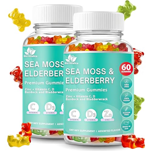 Image of Irish Sea Moss Gummies with Elderberry - USA Made Vegan Gummies with Vitamin C, D & Zinc - Immune Support Supplement with Bladderwrack & Burdock Root for Adults & Kids - 2 Packs