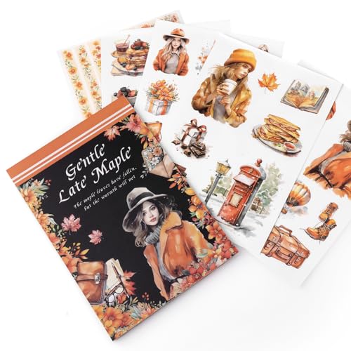NOGAMOGA Scrapbook Pegatinas de libro de pegatinas, estéticas para otoño, para scrapbooking, diario, planificador, precortadas, pegatinas y papeles transparentes, 20 hojas, naranja