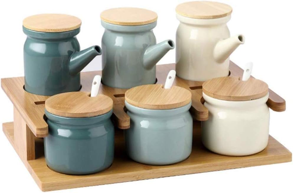 qiuqiu Oil Can Set Ceramics Oil Dispenser Bottle Ceramic 500ML Soy Sauce Dispenser Bottle with Wooden Pallet Olive Oil Soy Sauce Vinegar Cruet Liquid Condiment Dispenser for Kitchen Cooking-A