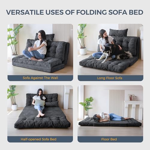 Image of MAXYOYO Folding Sofa Bed, Tufted Bean Bag Bed with Pillows Floor Couch for Adults, Extra Thick and Long Floor Sofa, Twin Couch Bed for Bedroom Living Room, Dark Grey, 39x91 Inch