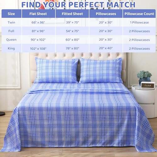 Image of Mooreeke Cozy Plaid Microfiber Printed Queen Sheet Set - Soft & Breathable Purple Yellow Plaid Bed Sheets with Extra Deep Pocket - Non-Slip Fitted Design - Purple Yellow Square Plaid Pattern - Queen