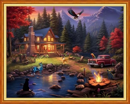 Image of Dimensean Stamped Cross Stitch Kits Full Range of Embroidery Patterns Starter Kits for Beginners Adult or Kids DIY Cross Stitches Needlepoint Kits 11CT-Home Night Scenery 16x20 inch