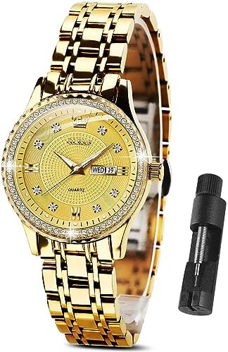 OLEVS Watches Women with Date Silver Stainless Steel Luxury Ladies Watches with Small Writs Diamond Watches for Women Waterproof Elegant Dress Quartz Analog Women's Wrist Watches Dress, Gold Women