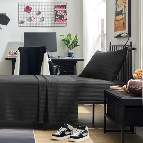 SLEEP ZONE Striped Cooling Twin Sheets Set for Kids - Fitted Flat Sheet & Pillowcase Sets 3 Piece - Super Soft Stripe Bed Sheet, Easy Care, Deep Pocket (Black, Twin)