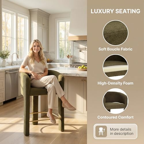 Image of HNY Modern Barrel Bar Stools Set of 2, 26 Inch Upholstered Sherpa Counter Height Bar Stools with Back and Armrests for Kitchen Island, Home Bar, Dining Room, No Assembly, Green