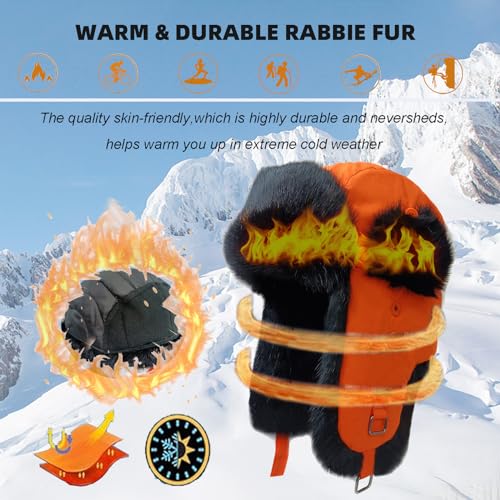 Image of Winter Trapper Hat for Men Women Warm Soft Russian Ushanka Hat Real Rabbit Fur Aviator Bomber Hats Winter Hats with Ear Flaps