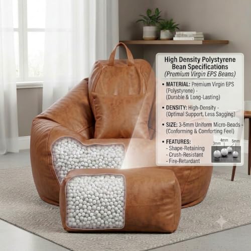 Image of KAM'S LIEU 5XL Premium Imported Suede Bean Bag Chair with Footrest & Cushion | Filled with High Density Polystyrene Beans | Premium Soft Fabric | Ready to Use Color- (TAN, 5XL)