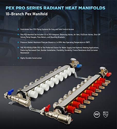 Image of Midline Valve NQT110 PEX Manifold 1 /2 in. for Radiant Heating System; with Valves, Vents, Gauges, and Mounting Brackets; Stainless Steel; 10 Port