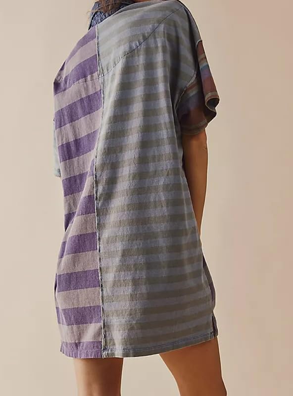 Image of NUFIWI Y2K Striped Shirt Mini Dress for Women Oversized Stripe Tunic Tshirt Dresses Short Sleeve Buttons Loose Fit Tee Dress, Small, Gray