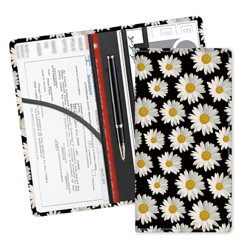 ADUQLZUX Leather Car Registration and Insurance Card Holder, Cute Car Accessories Vehicle Glove Box Car Organizer for Documents, Cards, License Cute Black Daisy Flower