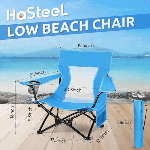 Image of HaSteeL Folding Beach Chair, Foldable Blue Camping Chairs for Outside, Low Beach Chair Portable for Adults Fishing, Picnic, Outdoor BBQ, Travel, Sports, Cup Holder & Storage Bag