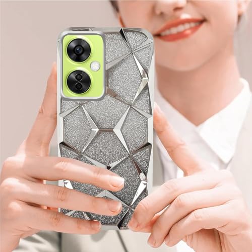 Image of Stylish Gradient Glitter Clear Case for OnePlus Nord CE 3 Lite 5G Luxury Electroplated 3D Cube,Diamond Bling Shiny Soft TPU Clear Shockproof Women & Teen Girls Protective Phone Cover(Silver)