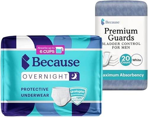Because Ropa interior para incontinencia nocturna y un protector para hombre Incluye ropa interior, color blanco, talla SM, 80 unidades y