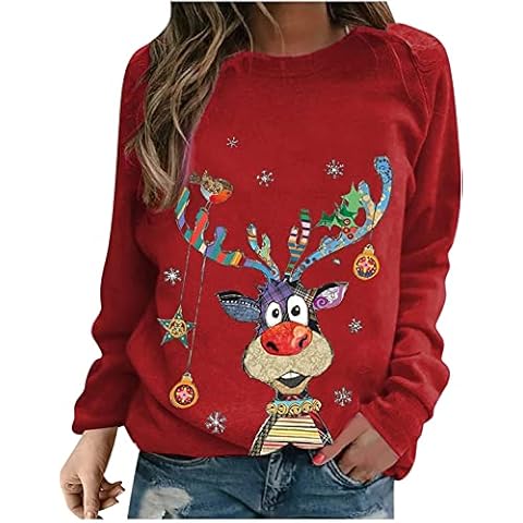 Manxing Christmas Sweatshirts for Women Long Sleeve T Shirts Christmas Reindeer Print Jumper Casual Pullover Loose Tops Wine Red Cover