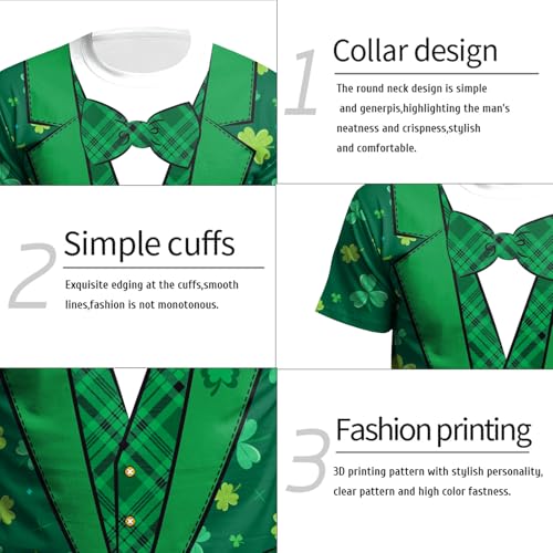 Image of Eciodci Men's St Patricks Day T-Shirts Novelty 3D Printed Shamrock Tuxedo Tees Shirt Clover Leaves Casual Short Sleeve Shirts