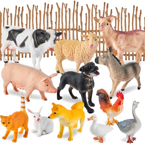 BUYGER Set Animali Fattoria Plastica Giocattolo per Bambini, Grandi e Mini Realistico Fattoria Animali Figure con Assemblare Recinzioni, Giochi Educativo Regalo per Bambini 3 4 5 + Anni