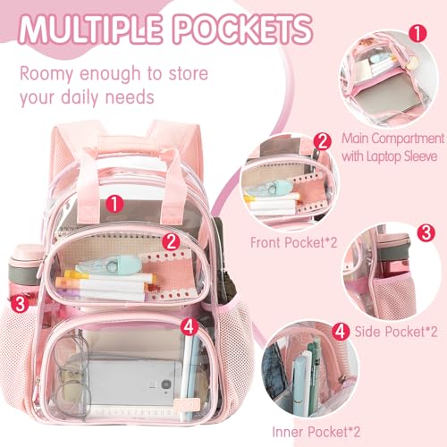 deli Clear Backpack for School, Heavy Duty PVC Transparent Bookbag for Boys and Girls, See Through Backpack for College Work Travel, Pink3