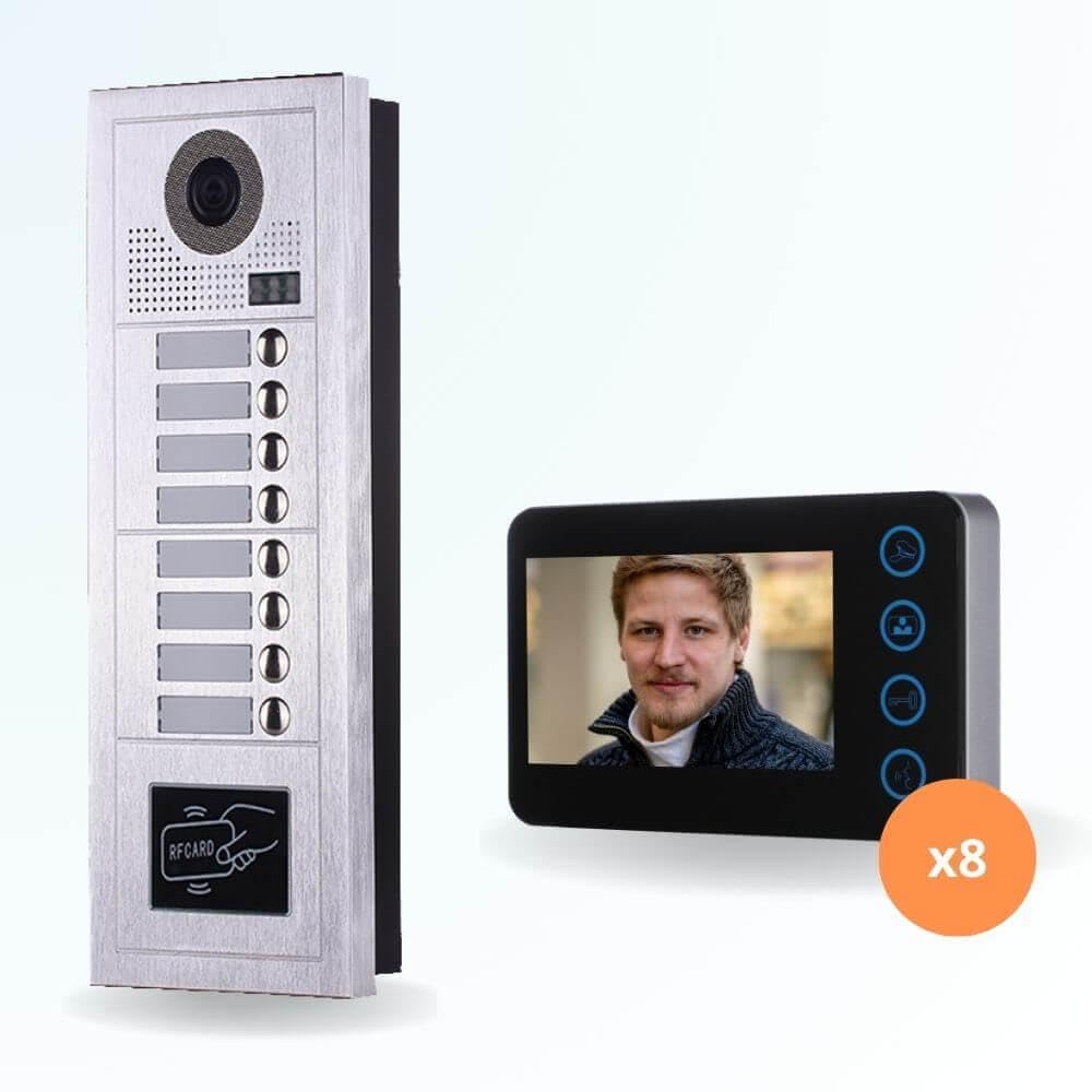 Portier interphone vidéo Modern 2 Fils - 8 Appartements - 8 écrans Noirs - avec Lecteur de Badge