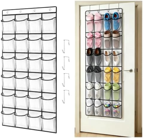24 Pockets Over The Door Shoe Organizer, Large Breathable Mesh Hanging Shoe Rack with 4 Metal Hooks, Space Saving White Over Door Shoe Storage Holder Mesh Bag for Closet Entryway Bedroom Pantry