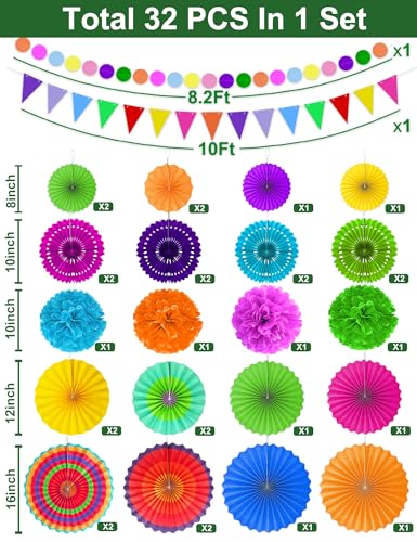 Image of TURNMEON 32 Pcs Fiesta Party Decorations, Mexican Party Decorations 26 Colorful Hanging Paper Fans 4 Pom Poms Pennant Garland String for Mexican Decorations Photo Props Carnival Birthday Taco Tuesday