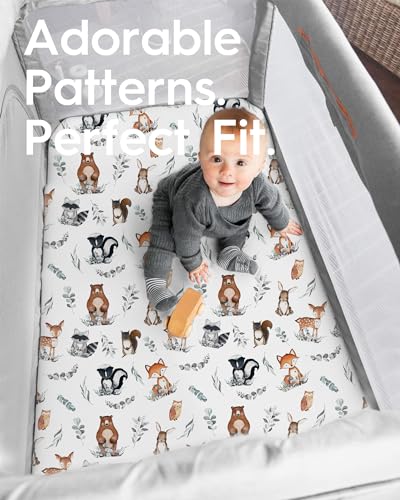 Image of Pack N Play Sheets Fitted, TotBasic Ultra Soft Animal Mini Crib Sheets, Premium Jersey Knit Pack and Play Sheets Neutral, Stretchy Play Yard Sheets for Pack and Play Mattress, 2 Pack (Bear and Dear)
