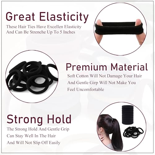 Image of GLUN 2inch Pack of 100 Black Color Ponytail Holders Hair Ties for Girls & Women, Soft Elastic Rubber Bands for Thick Hair, Non-Slip Stretchable Scrunchies for Daily, School & Office Use