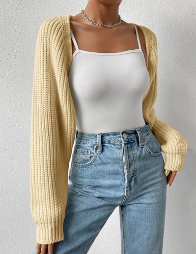 Image of Women's Long Sleeve Open Front Knitted Crop Cardigan Drop Shoulder Knit Bolero Shrug Sweater