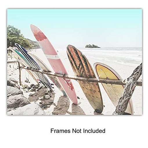 Beach Decor - Beach Wall Art - Tropical Palm Trees, Surfing Posters 8x10 - Unique Home Decor for Lake or Ocean House, Bathroom, Bedroom, Living Room, Office - Gift for Surfers - Nautical Photo Set - Image 4